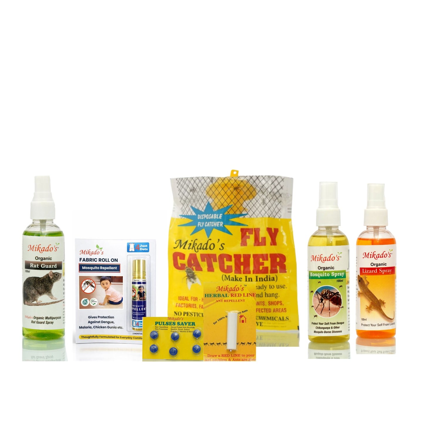 Mikado Ultimate Pest Control Combo – Rat Guard Spray, HRL Ant Chalk, Mosquito Spray, Lizard Spray, Roll-On & Fly Catcher