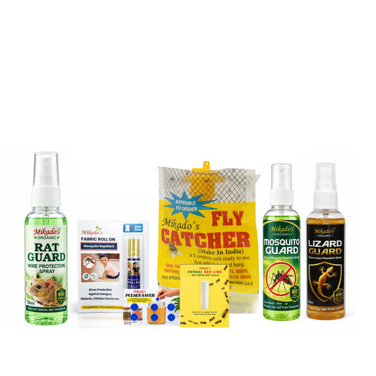 Mikado's Ultimate Pest Control Combo – Rat Guard Spray, HRL Ant Chalk, Mosquito Spray, Lizard Spray, Roll-On & Fly Catcher